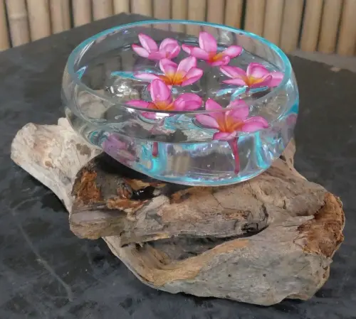 Product image of the product “Driftwood with melted wide glass (Model 2 - wide opening) on top as plant container . In the sizes from 10 to 35cm ”